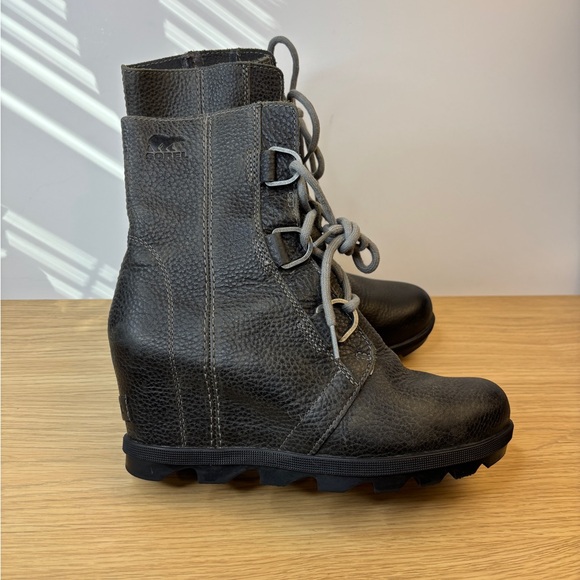 Sorel Shoes - Sorel Lea Wedge Boots Womens Charcoal Grey Leather Lace Up Ankle Booties Size 8